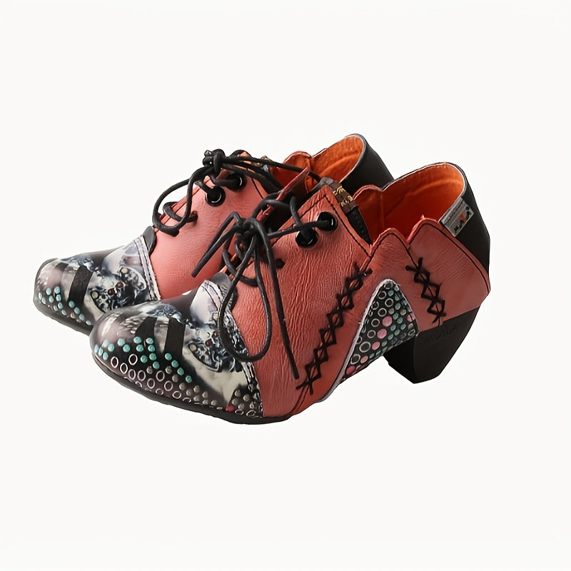 TMA EYES Women'S Handmade-Stitched Genuine Top-Grain Cover Ankle Boots - Spring Fashion Polka Dot Print (Pink/Black/White) with Non-Slip TPR Sole, Lace-Up Closure & Mid-Heel - Casual to Semi-Formal Versatile Booties for Every