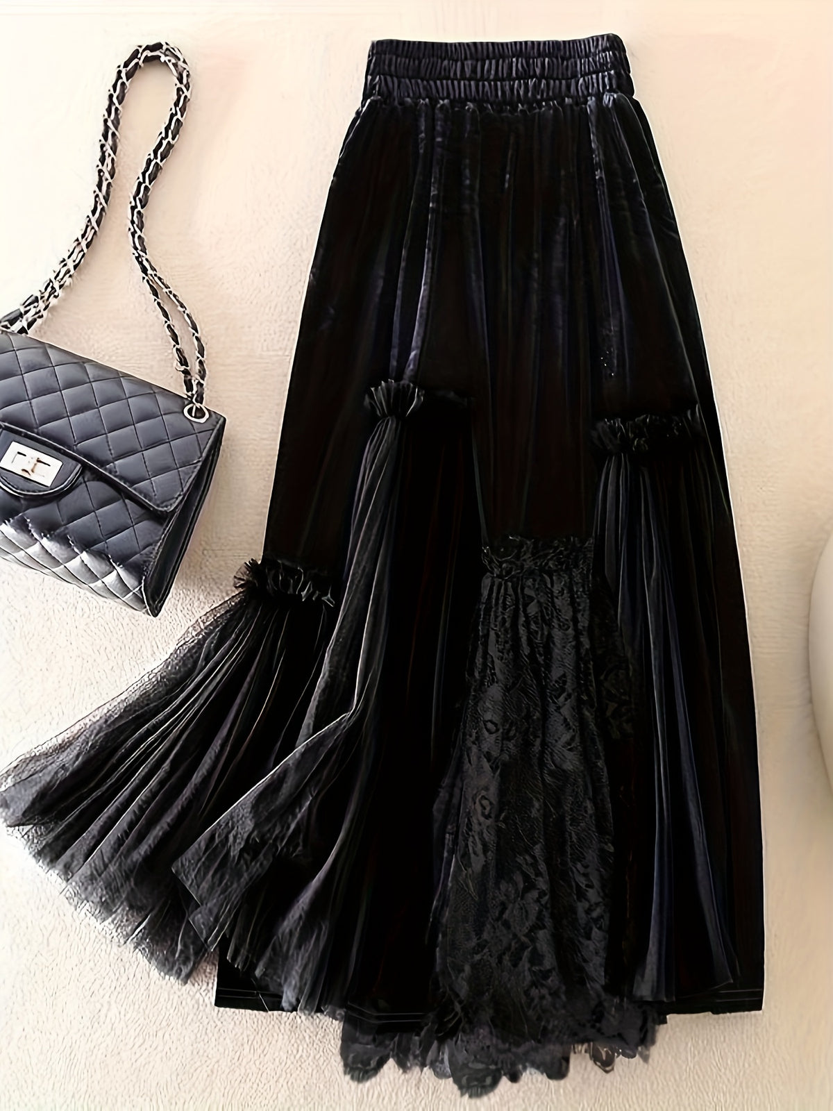 Women'S Elegant Lace Skirt with High Waist & Flared Hem - Long Formal & Semi-Formal Skirt, Solid Black with Intricate Lace Panel, Structured Fit for Fall/Winter, Versatile Everyday to Special Occasion Wear, No Belt Required