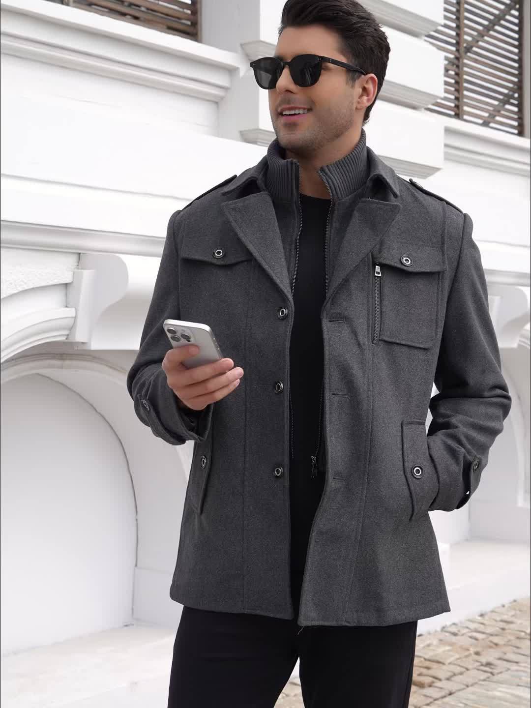 Men's Business Coat - Double Mid-Length Jacket with Collar & Single-Breasted Button Front, Warm Winter Coat Suitable for Office, Casual Wear - Solid Color Wool Jacket