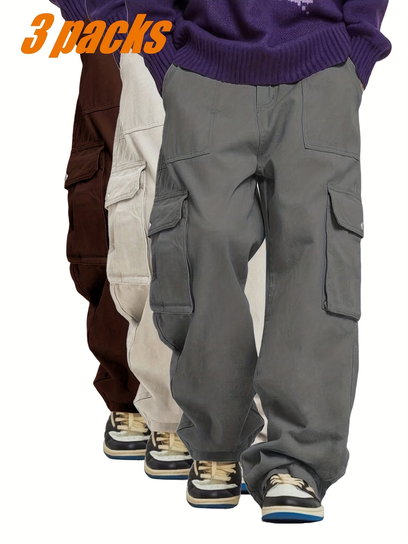Men's casual multi-piece solid color fashionable multi-pocket cargo pants [Three-piece set]