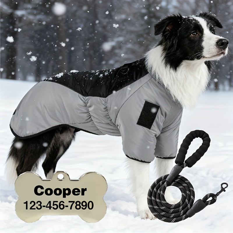 Custom Pet Tag, 2pcs Set, New Large Dog Warmth Coat + Leash, Thickened Windproof Dog Clothes for Medium and Large Breeds in Autumn and Winter, Cold Weather Gear, Durable Material, Stylish Petwear, Seasonal Petwear, Outdoor Ac