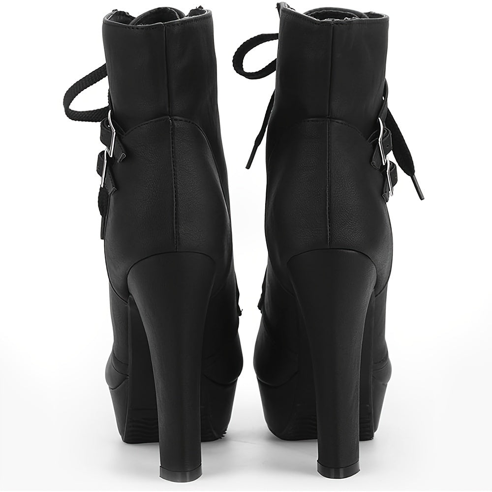 High Heel Boots For Women, Womens Platform Boot Heels Sexy Round Toe Lace UP High Heels Mid Calf Boots