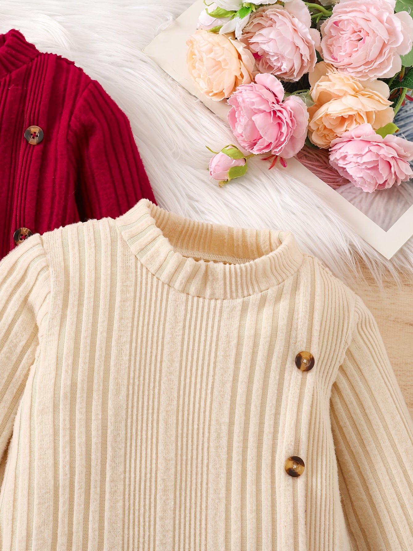 Girls' Casual Knit Two-Piece Dress with High Neck, Ruffled Hem and Button Decor - Knee-Length, Long Sleeve, and Burgundy Set - Perfect for Home, Outdoor, and Parties - Spring/Fall Seasonal Wear, Cute Dresses