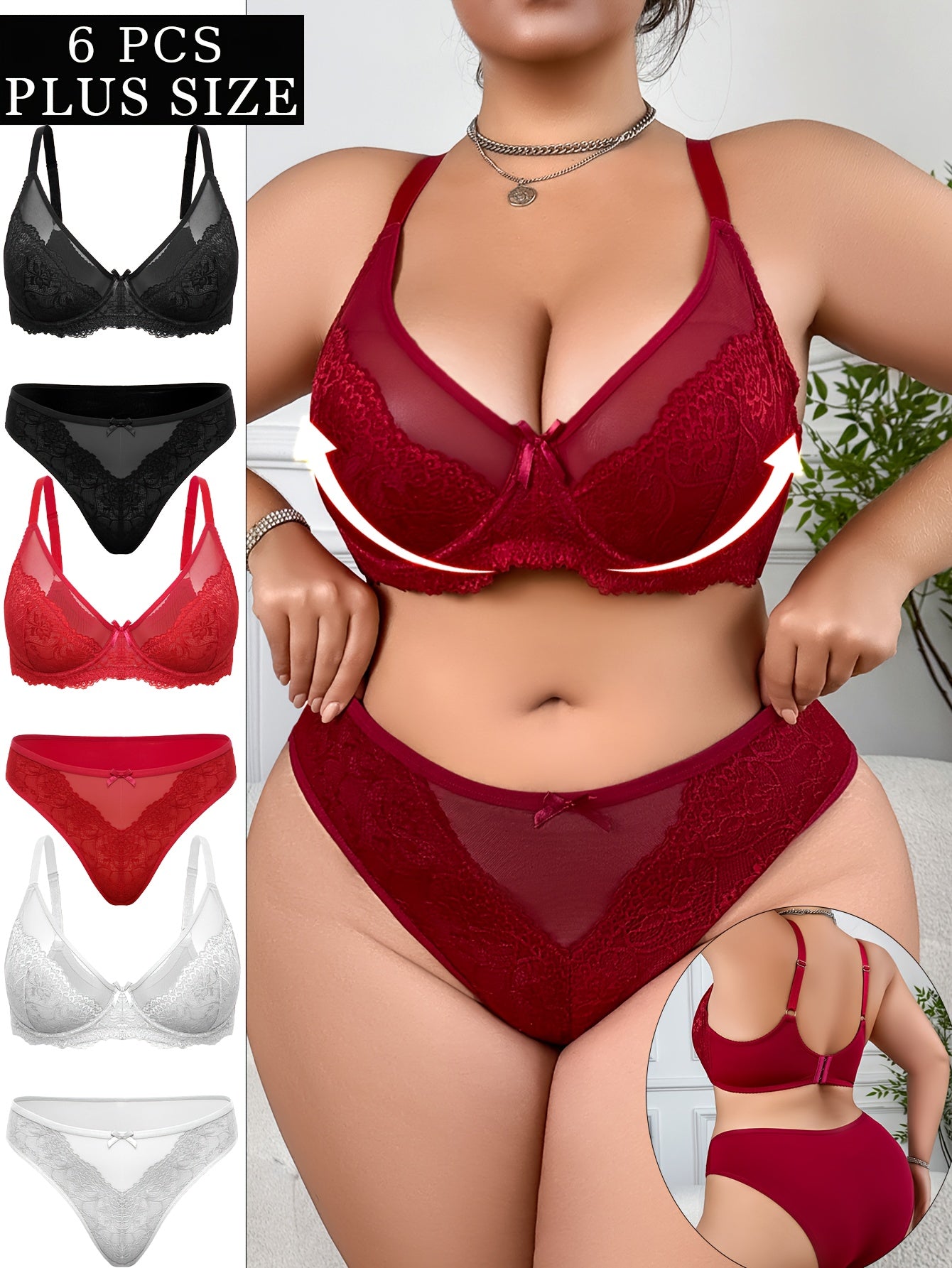 6pcs Women's Plus Size Sexy Lingerie Set, Floral Embroidery Sheer Bra And Mesh Low Waisted Panties, Steel Circle Lift Anti-Sag, Breathable And Comfortable Lace Bra Set with Adjustable Straps And Bow Decoration, Everyday Linge