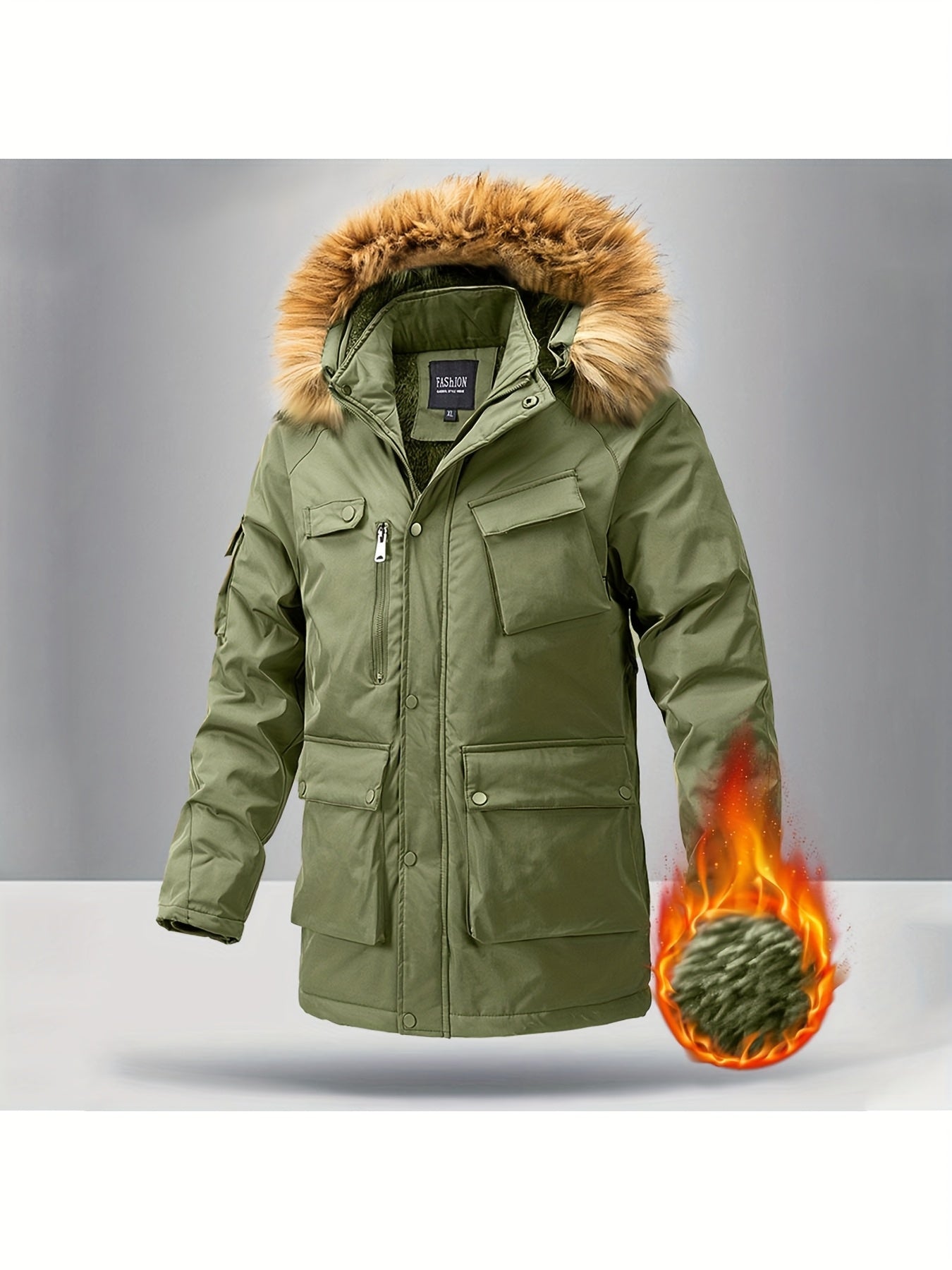 Men's Windproof Fleece-Lined Winter Parka Jacket with Hood - Full-Zip Thickened Coat, Loose-Fit Ski Hiking Coat, Zippered Pockets & Hooded Collar, Mid-Length Warm Outerwear for Snow & Cold Weather (Casual)