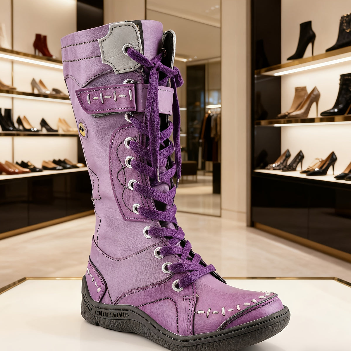TMA EYES 's All-Season Round Toe Knee-High Boots - Cover-like (Gallina) Upper, TPR Sole & Zipper Closure, Lace-Like Tendon Strap - Multi-Color (Grey/Beige/Brown/Black) - Casual & Casual Attire, Round-Toe Ankle