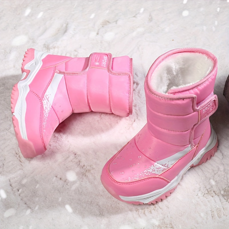 One Pair of Mid-Calf Plush Snow Boots, Simple Fashionable Magic Tape, Warm Snow Boots for Playing in the Snow, Outdoor Casual Wear, Available in Three Colors Purple, Black, Pink, Suitable for Different Personalities Girls, Ca