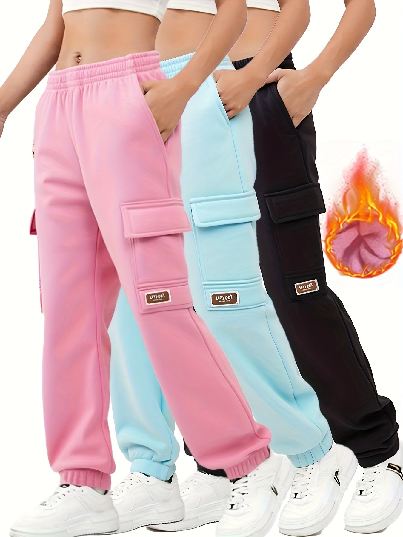 3pcs Girls' Thermal Pants with Elastic Waist & Multi-Pocket Design - Winter Warm Cargo Trousers for Outdoor Play,, Skiing - Pink//Dark Blue Teen Girls' Casual Pants (Hand Washable), Perfect for Outdoor
