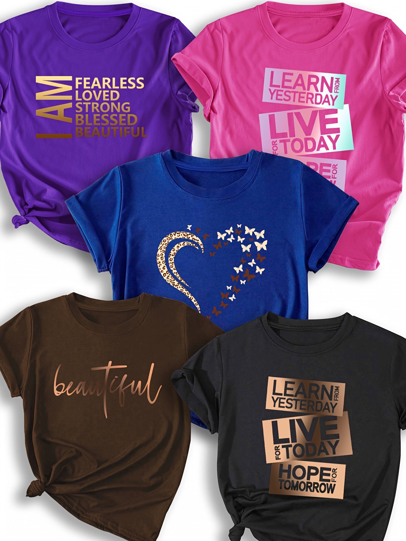 [Casual T-Shirts] 5pcs Women's Casual Crew Neck T-Shirts - Polyester, Short Sleeve | Inspirational Print Tee | Comfortable Fit Tee, All-Season, Round Neck