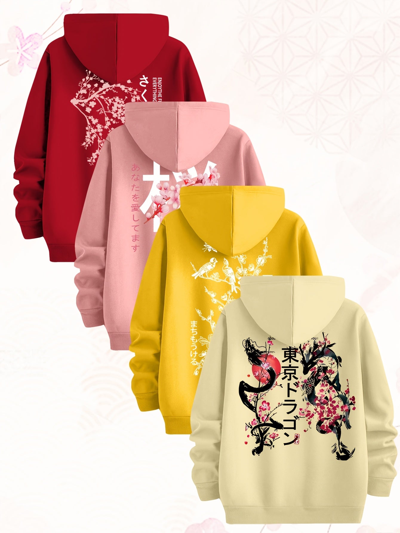 [Set of Four Hoodies] Tokyo Japanese-Style Cherry Blossom Pattern Sweatshirt, Set of Four Men's Hoodies, Made of Polyester Knit Fabric, Casual Style, Regular Fit Hoodies