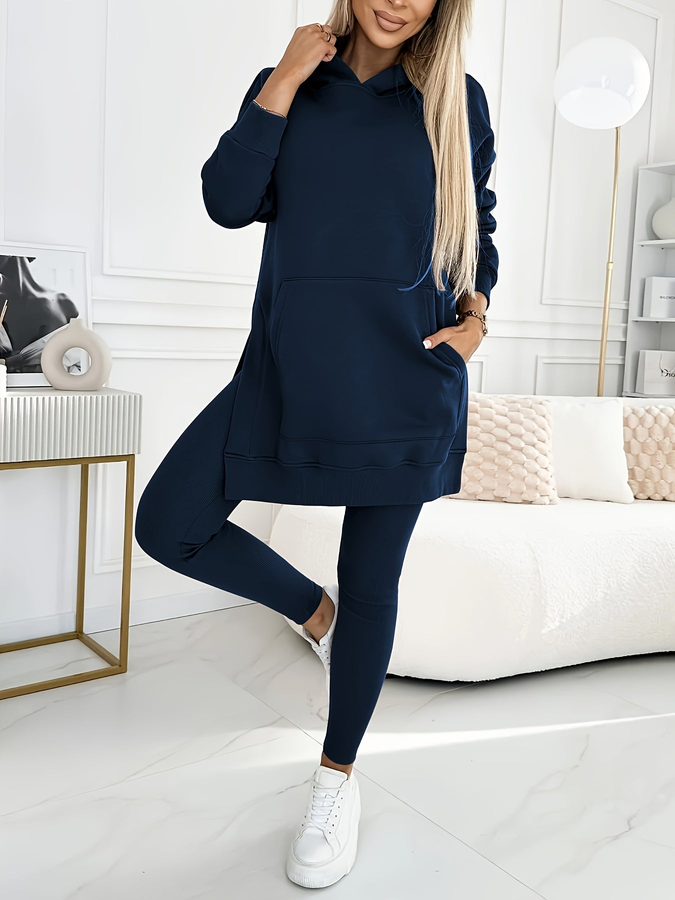 Directional Casual Suit, Women'S Solid Color Hooded Sweatshirt + Solid Color Leggings Two-Piece Set, Machine Washable And Dry Cleanable, Suitable for Daily Commuting