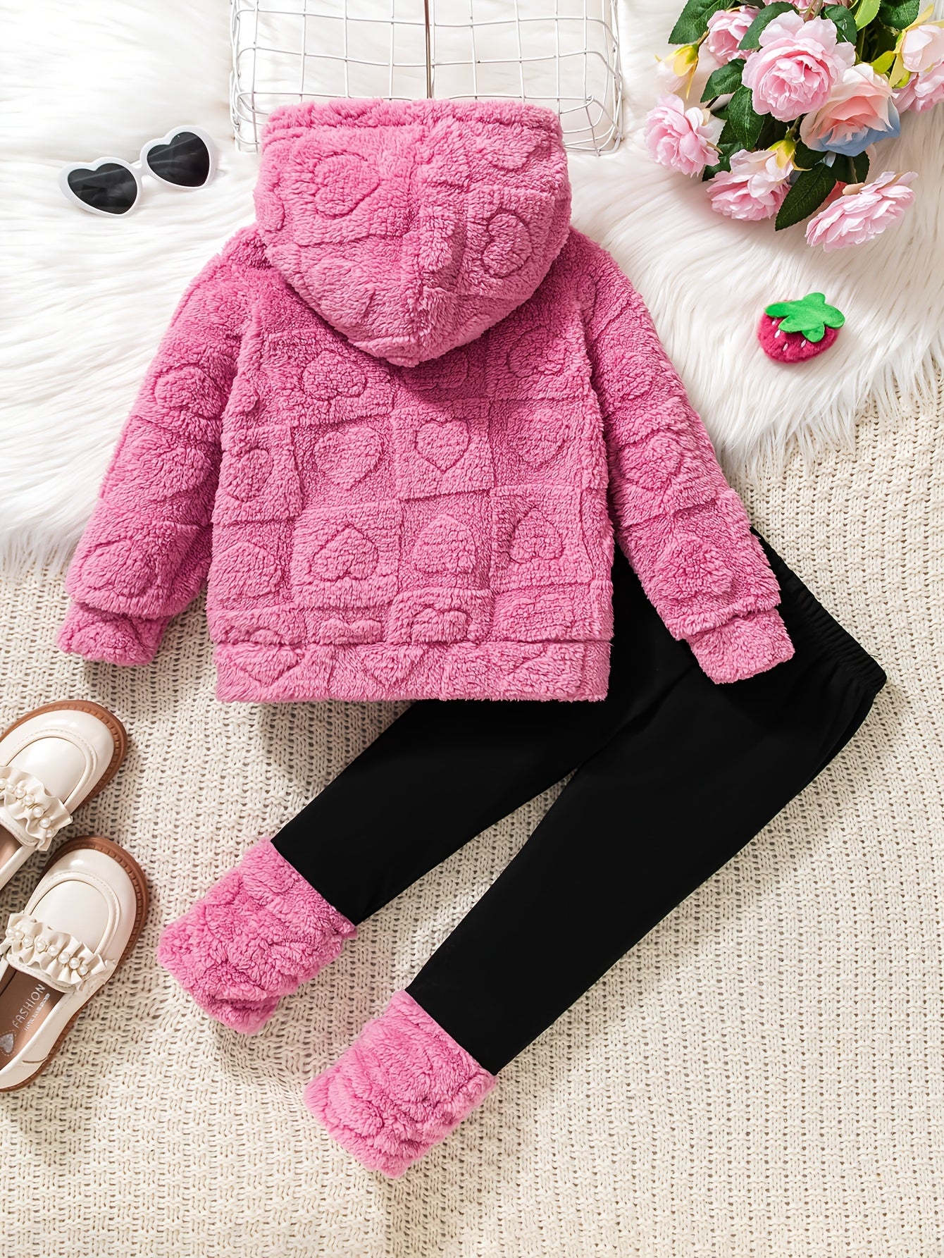 Girls' 2pcs Fall/Winter Warm Fleece Hooded Sweatshirt Set, Comfortable Cozy Casual Polyester Outfit with Slight Stretch, Solid Color Pullovers, Regular Fit - Knit Fabric