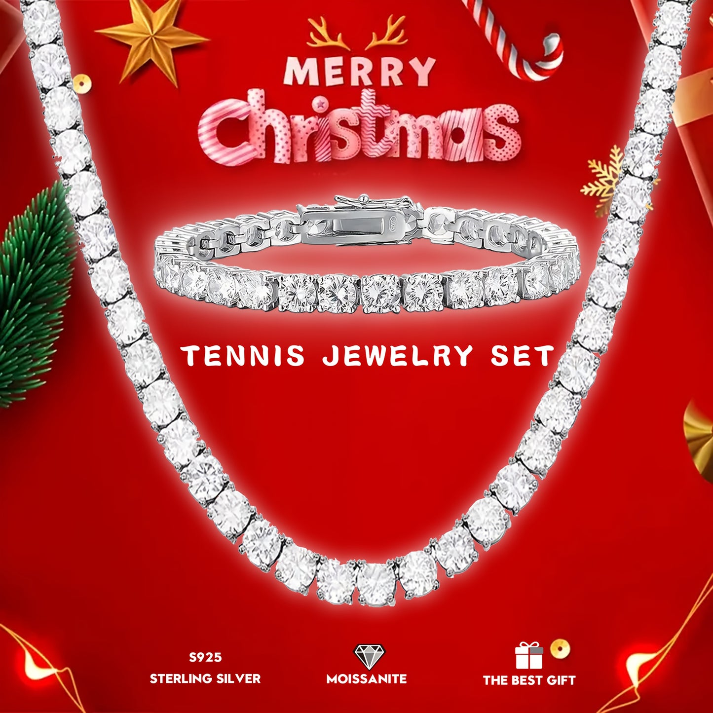 2pcs Moissanite Tennis Necklace Bracelet Set S925 Silvery with 32.9 Carats Moissanite 4 5Mm Wide, Suitable for All Occasions, Affordable And Noble Features Buy a Necklace And Get a Free Bracelet