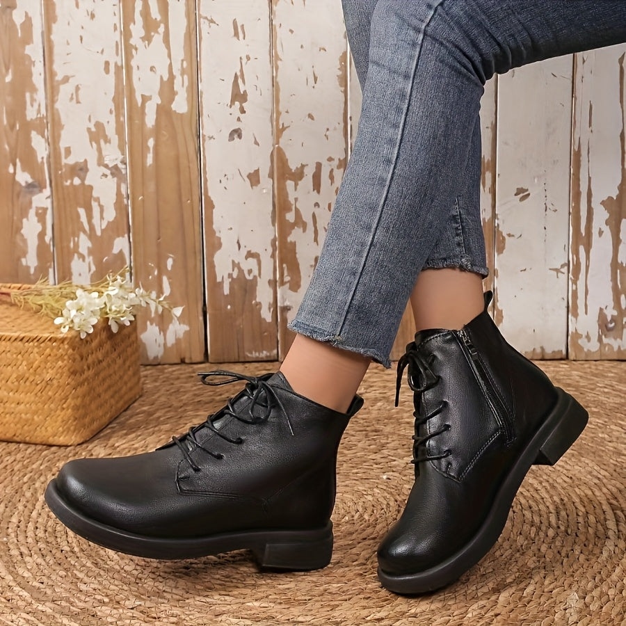 A Pair Of Round-toed, Thick-soled, Solid-color, Lace-up, Low-heeled, Anti-slip, High-top Women's Single Shoes for Autumn And Winter, Short Ankle Boots, Women's And Nude Boots