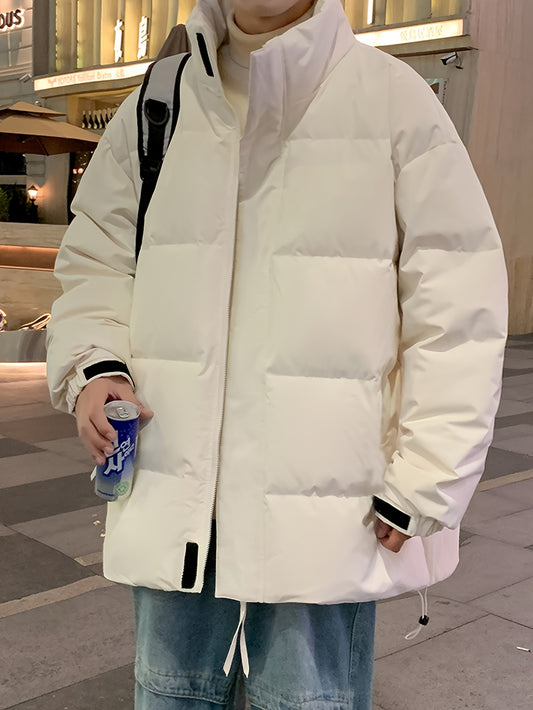 2025 Winter New Style Duck Down Workwear Fashion Couple Warm Thick Unisex Down Jacket, Stand Collar, Solid Color, Regular Sleeve, Drawstring, Zipper Placket, Super Loose Fit, Casual & Daily Wear, Casual Wear Jacket | Stand Co