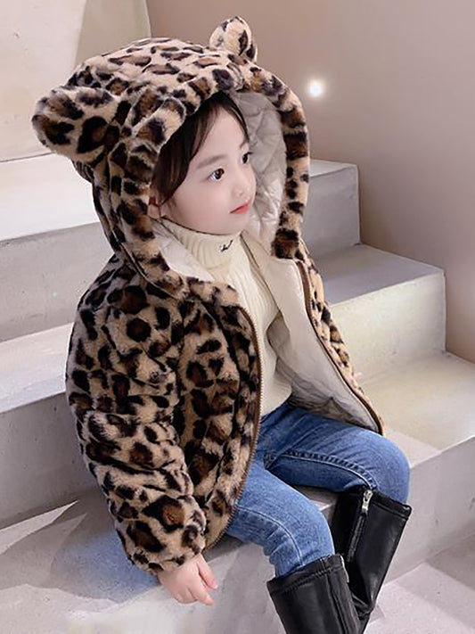 Girls' Leopard Print Hooded Winter Coat with Plush Collar & Pockets - Thickened Warm Fleece Jacket, Cute & Stylish Outerwear for Cold Weather, Soft Lining, Easy-Care (Regular Fit) - Ideal for School & Playdates (Ages 4-12), P