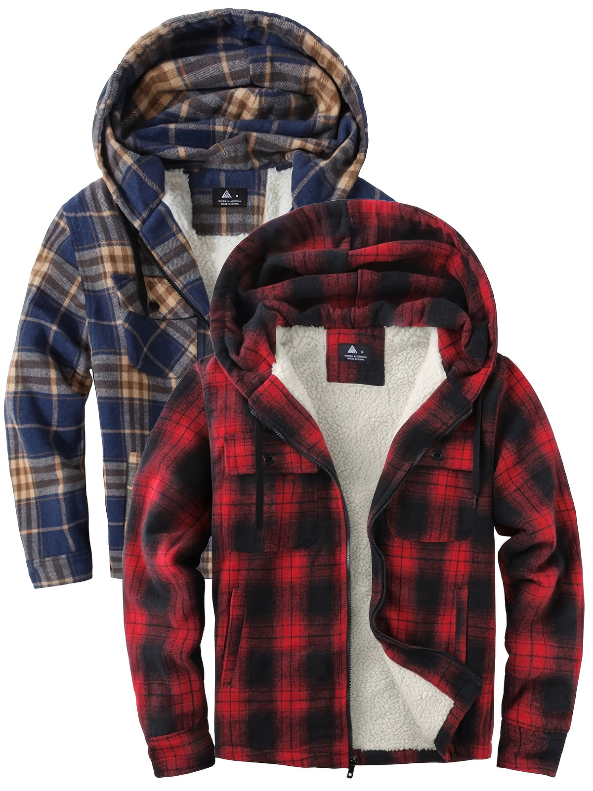 2pcs Men's Heavy Duty Sweater Hooded Jacket - Fully Zipped Thick Snow Mountain Lined Flannel Plaid Shirt with Pockets, Casual Style, Perfect for Fall And Winter, Hooded Collar, Regular Fit, Plaid Pattern, Men's Jacket, Cold W