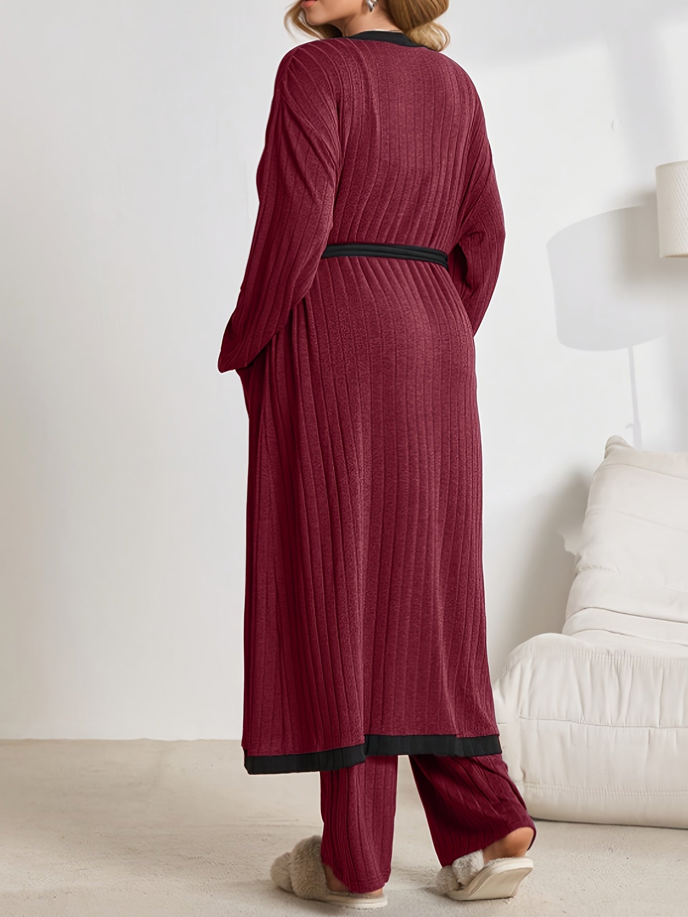 [Three-Piece Loungewear Set] New Autumn And Winter Fashion Warm Solid Color Ribbed Loungewear Set With Sleeveless V-Neck Tank Top + Straight Elastic Waistband Long Pants + Long Sleeve Color-Blocked Cardigan With Side Pockets