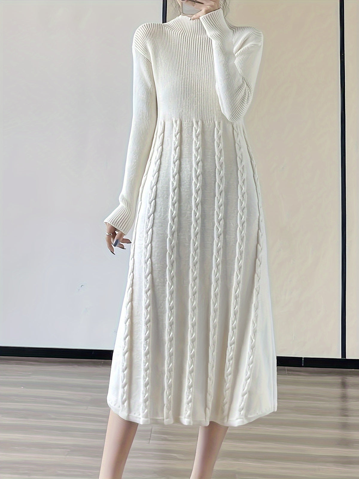 Women's Winter Dress - Boat Neck Long Sleeve A-Line Umbrella Hem Casual Chic Tunic, Soft Warm Fall Winter Outfits, Easy Care Hand Wash/Dry Clean, Ladies Winter Clothes, Textured Design, Durable Fabric