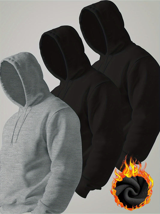3pcs Men'S Casual Hooded Sweatshirts | Thick Fleece Pullover with Drawstring, Solid Color (Beige, Gray, Black), Comfortable & Stylish for Daily Comfort Wear, Minimalist Design, Material, Long Sleeve