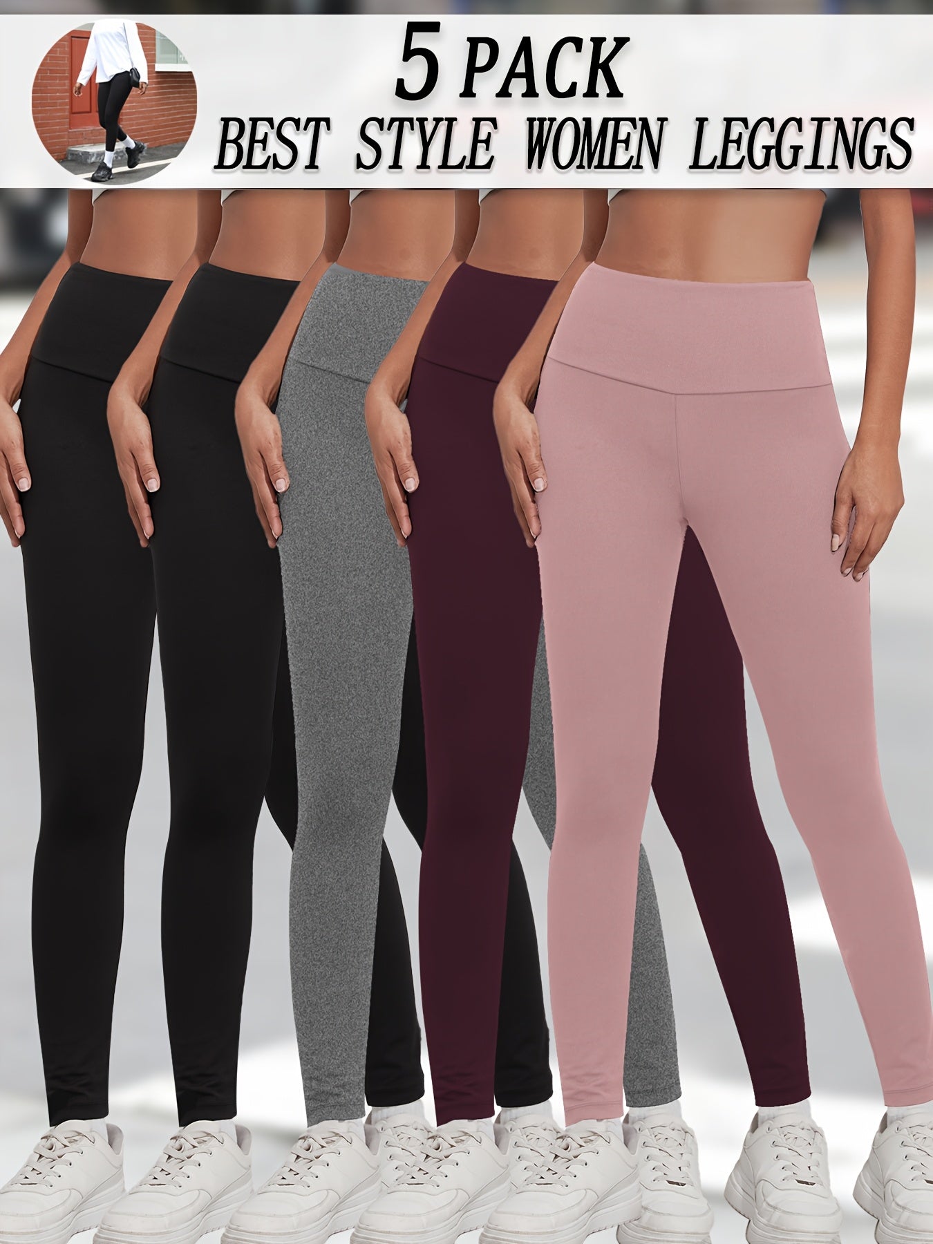 5 Pack Women's High Waisted Tummy Control Workout Leggings - Full Coverage Non-See Through Yoga Running Pants, 5 Colors (Solid), Soft Stretch Gym Athletic Pants for Postpartum & Body Contouring, Multi-Use for Gym, Dance, Casu