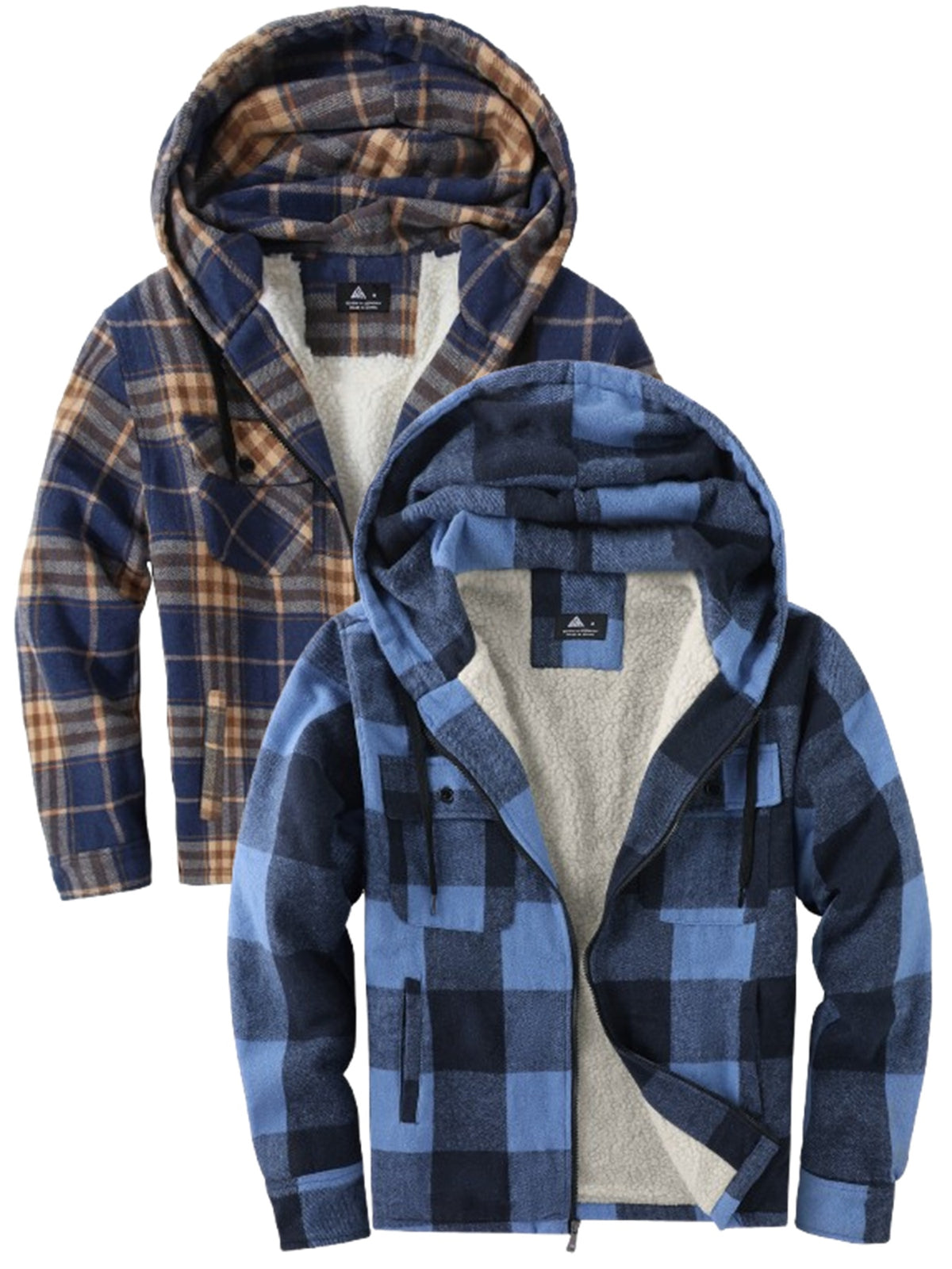 2pcs Men's Heavy Duty Sweater Hooded Jacket - Fully Zipped Thick Snow Mountain Lined Flannel Plaid Shirt with Pockets, Casual Style, Perfect for Fall And Winter, Hooded Collar, Regular Fit, Plaid Pattern, Men's Jacket, Cold W