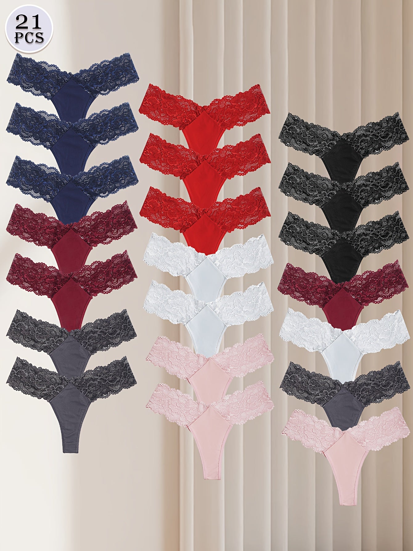 21pcs Women's Sexy Floral Lace Thongs Solid & Multi-Color Fashionable Low-Rise Panties for Women Comfortable & Stretchy, Breathable Soft Fit Elegant Bikini Panties