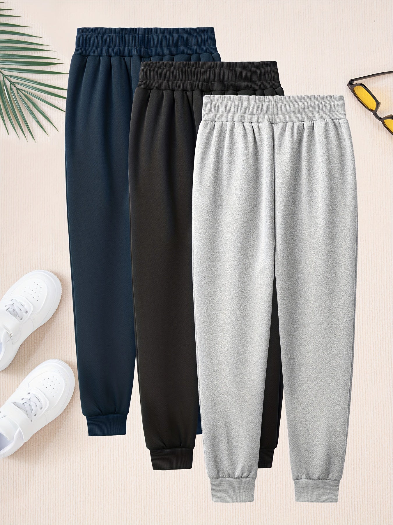 Classic Zipper Pocket Design, Boys' 3pcs Casual Comfortable Elastic Waist Loose Warm Fleece-Lined Joggers for Daily Wear, Outdoor and Sports, Kids' Autumn/Winter Pants (Accessories Not Included), Perfect for Outdoor, Boy Pant
