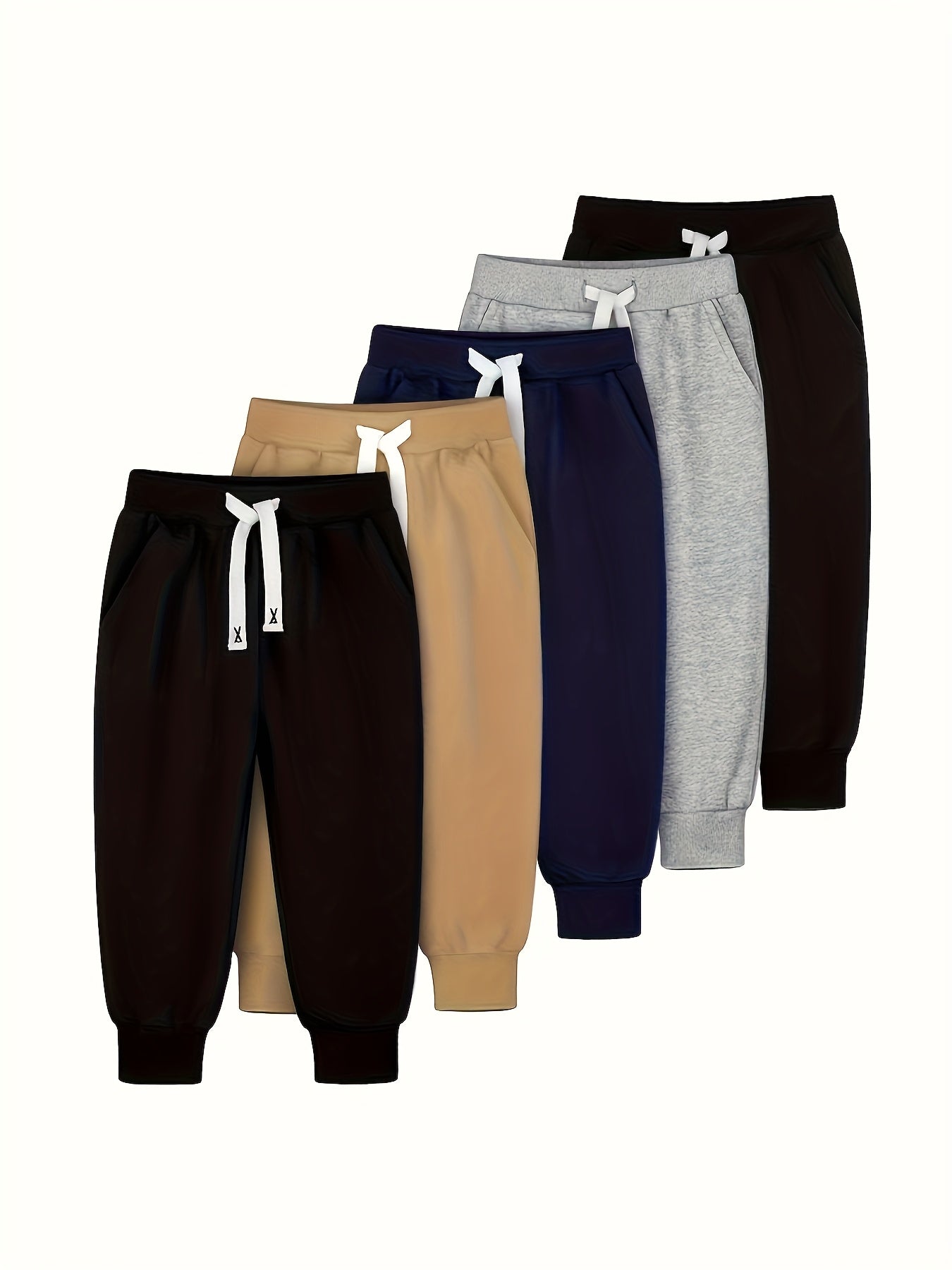 5pcs Boys' Heavy-Duty Cotton Joggers Pants - Elastic Waist & Drawstring Sweatpants with Pockets, Multi-Color (Beige/Navy/Grey/Black/Brown) for Youth 7-15 Years, & Casual Wear - Bulk Pack Athletic Pants, Perfect for Outdoor