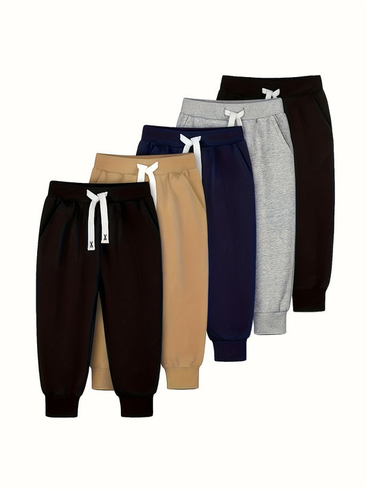 5pcs Boys' Heavy-Duty Cotton Joggers Pants - Elastic Waist & Drawstring Sweatpants with Pockets, Multi-Color (Beige/Navy/Grey/Black/Brown) for Youth 7-15 Years, & Casual Wear - Bulk Pack Athletic Pants, Perfect for Outdoor