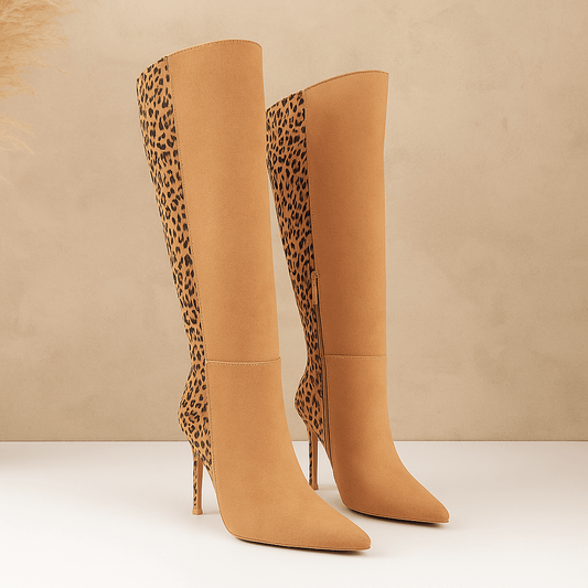 Women's Exotic Stiletto Boots - Striking Animal Print Design & Tall Boot Silhouette & Comfortable Supportive Sole for Fashion Events/Evening Wear/Parties