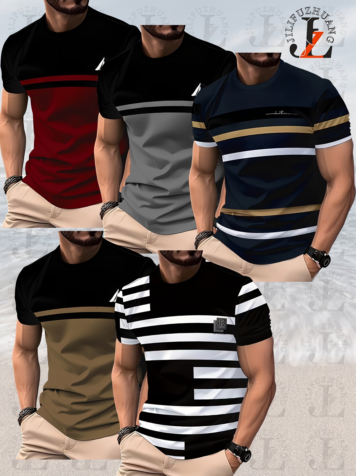 5pcs Set Fashion Color Block Digital Print Men's T-Shirt