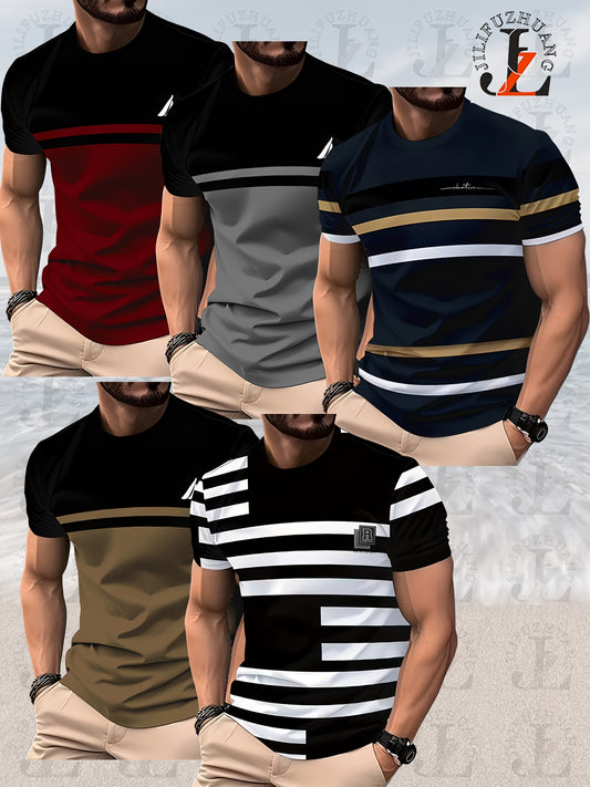 5pcs Set Fashion Color Block Digital Print Men's T-Shirt