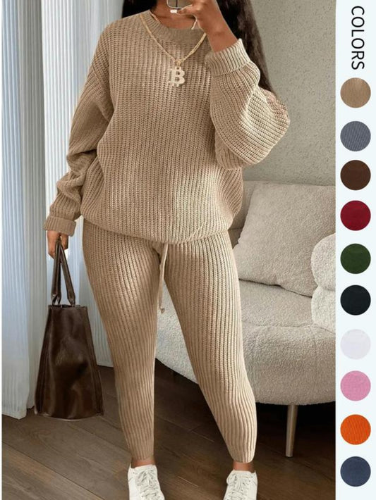 Women'S Solid Drop Shoulder Long Sleeve Sweater & Drawstring Waist Pants Set, Casual Fashion Cozy wear for Daily Outdoor Wear, Ladies Fall & Winter Clothes, Winter Sweaters for Women