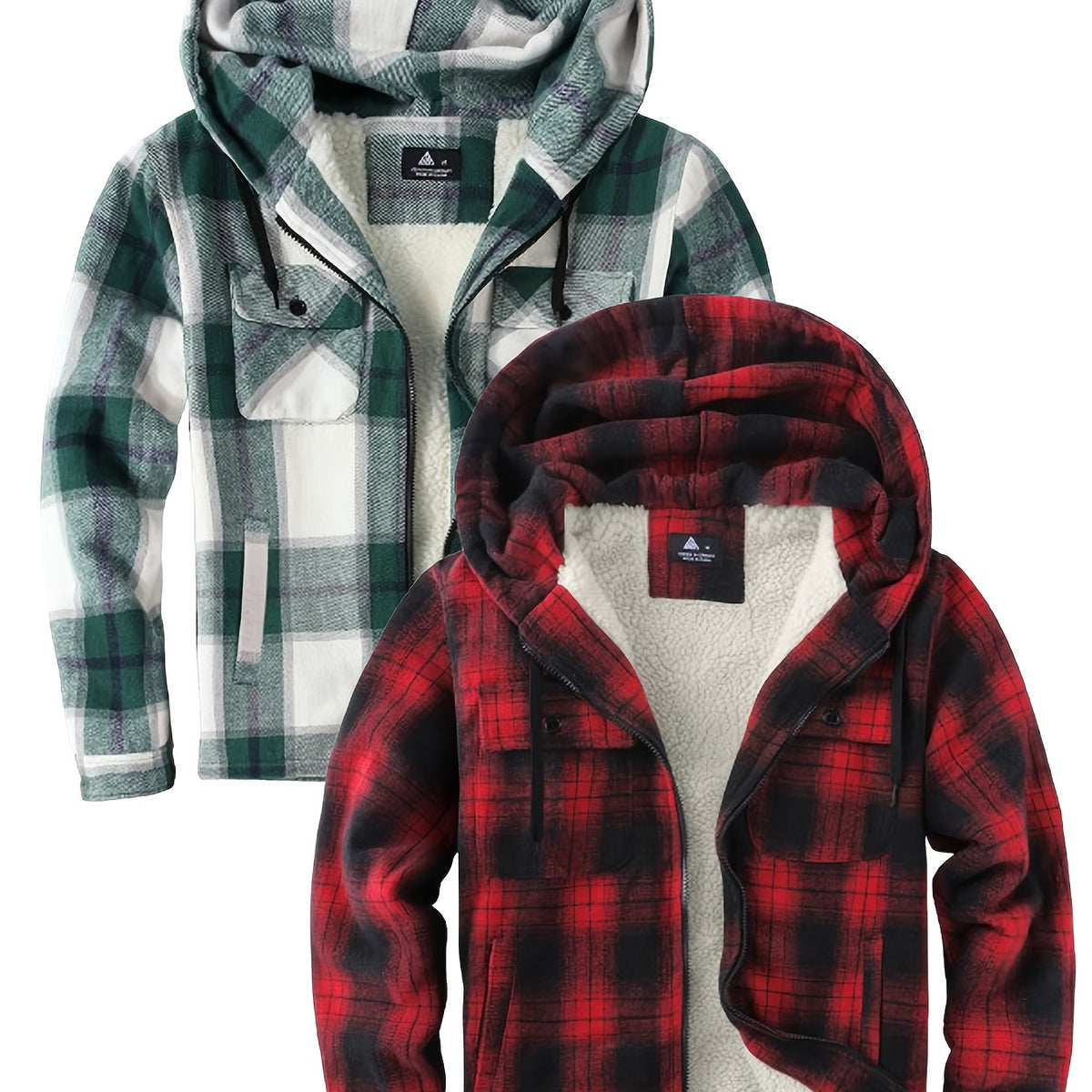2pcs Men's Heavy Duty Sweater Hooded Jacket - Fully Zipped Thick Snow Mountain Lined Flannel Plaid Shirt with Pockets, Casual Style, Perfect for Fall And Winter, Hooded Collar, Regular Fit, Plaid Pattern, Men's Jacket, Cold W