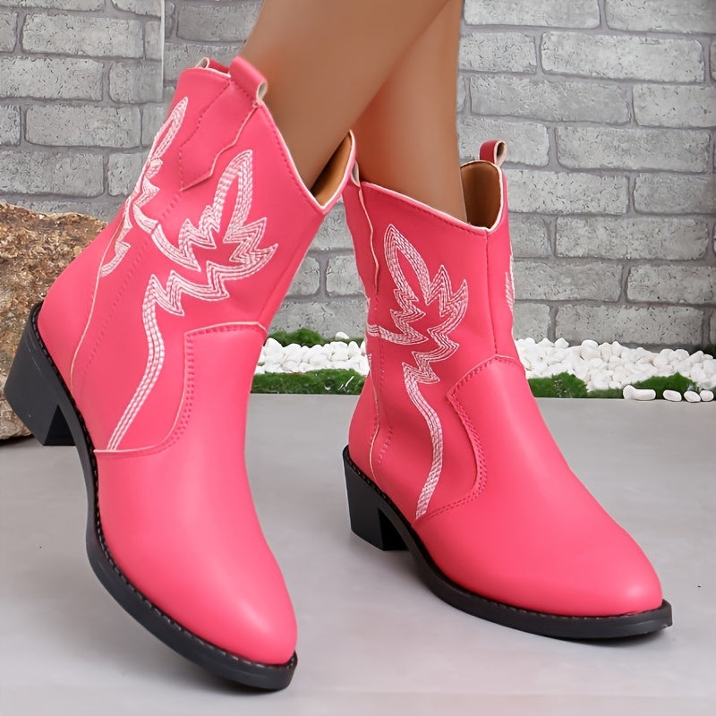 Women's Bright Pink Faux Chelsea Boots with White Horsebit Tendon Strap & Horseshoe Buckle - Slip-On Chunky Block Heel, Pointed Toe Short Boots, Machine Washable Round-Toe Design for Casual & Western Style (Pink)
