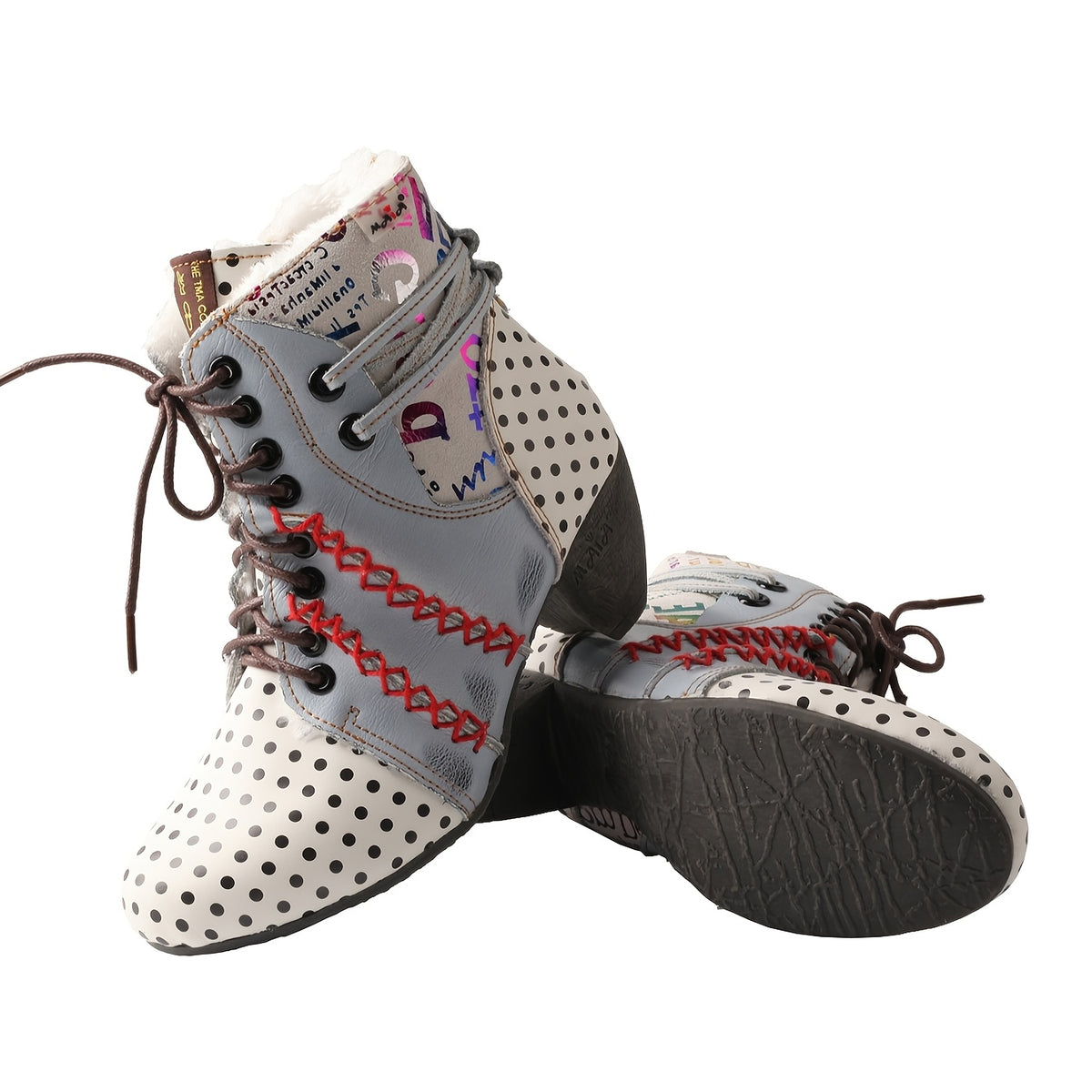TMA EYES Polka Dot Leather Handmade Stitching Warm And Velvet Women'S Boots