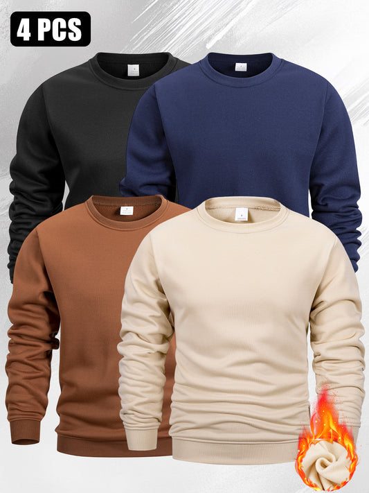 [4 Men's Fleece Sweatshirts] Set of 4 Men's Long-Sleeve Crew Neck Sweatshirts, Casual Solid Color Sports Tops for Men, New Minimalist Style for Autumn And Winter, Lined with Fleece for Comfort And Warmth, Suitable for Everyda
