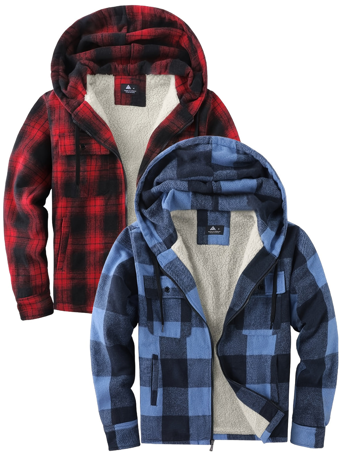 2pcs Men's Heavy Duty Sweater Hooded Jacket - Fully Zipped Thick Snow Mountain Lined Flannel Plaid Shirt with Pockets, Casual Style, Perfect for Fall And Winter, Hooded Collar, Regular Fit, Plaid Pattern, Men's Jacket, Cold W