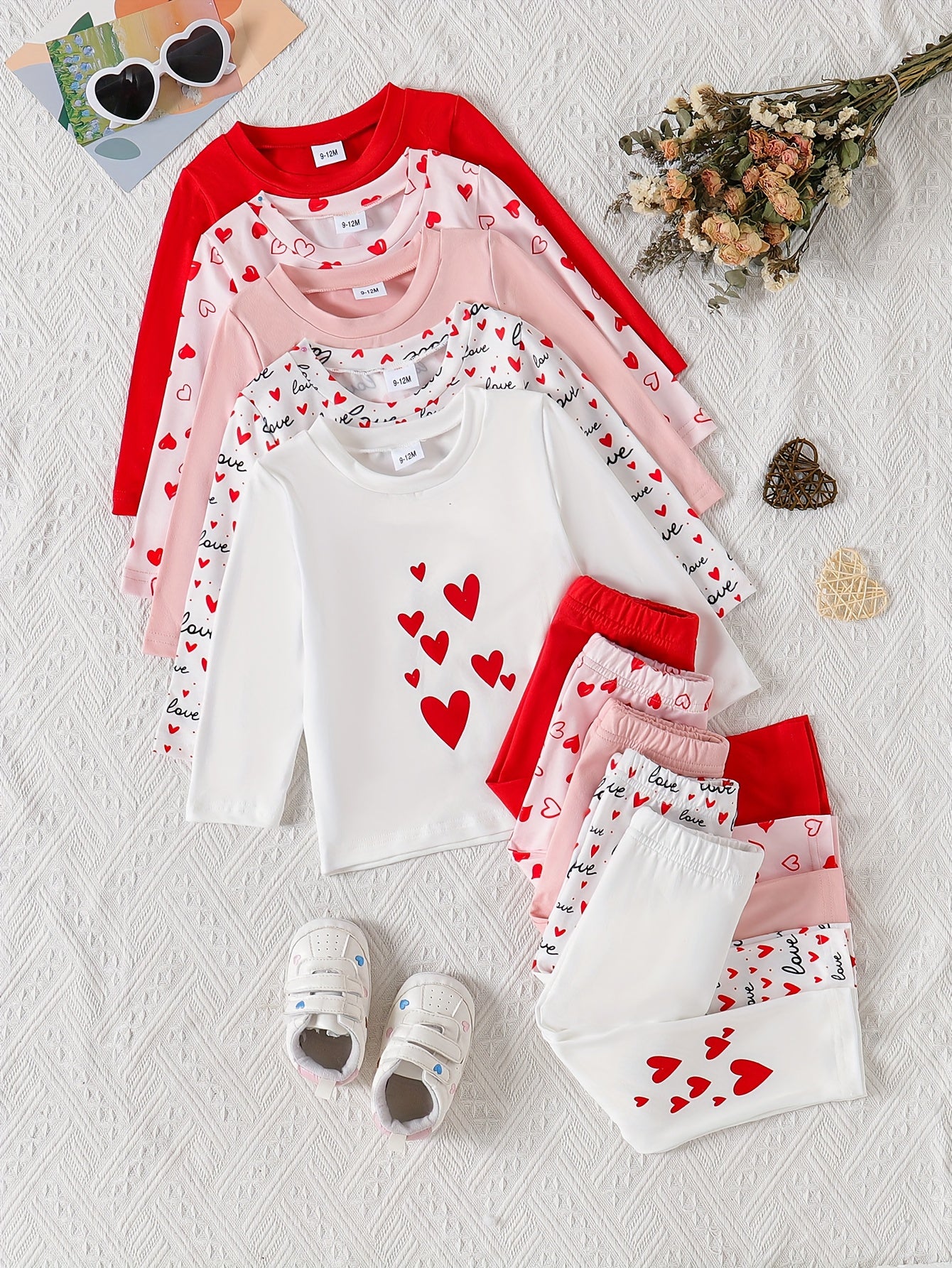 10pcs Baby Girls' Casual Long Sleeve & Pants Set - Cute & Heart Print, Soft Stretchy Fabric, Loose Fit, Spring/Fall Outdoor Playwear, Perfect for Daily Wear, for Outdoor