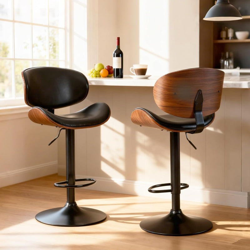 Bar Stool Set (2-Piece/4-Piece/6-Piece), Adjustable Bar Height, PU Leather-Covered Seat, Ergonomic Backrest and Footrest, Non-Slip Rubber Base, Suitable for Bars and Home Kitchen Islands, Black