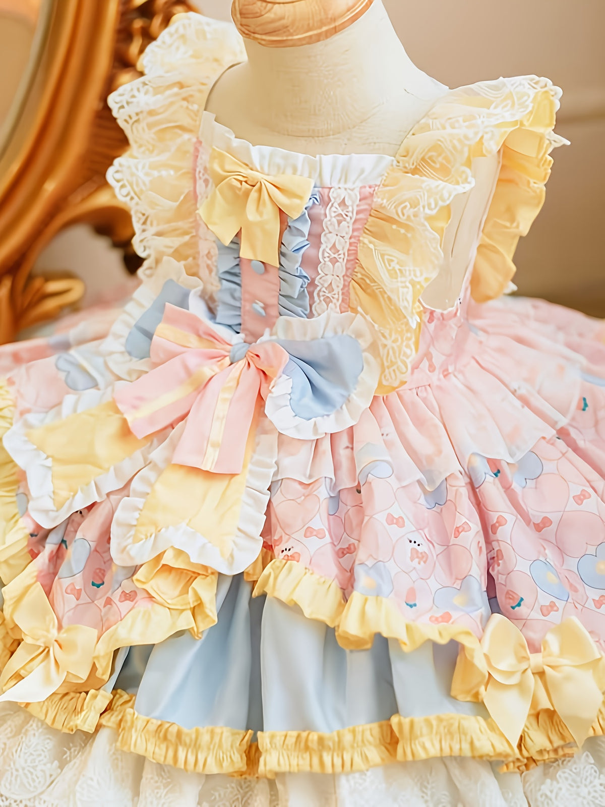 2025 Autumn New Arrival Princess Birthday Party dress - Pastel Pink & Yellow tutu gown, Flared lower half, Non-Stretchy fabric for Birthday, Photoshoots - Victorian-Style Floral Tulle Puffy Dress - Lace Trim Layered Skirt, Al