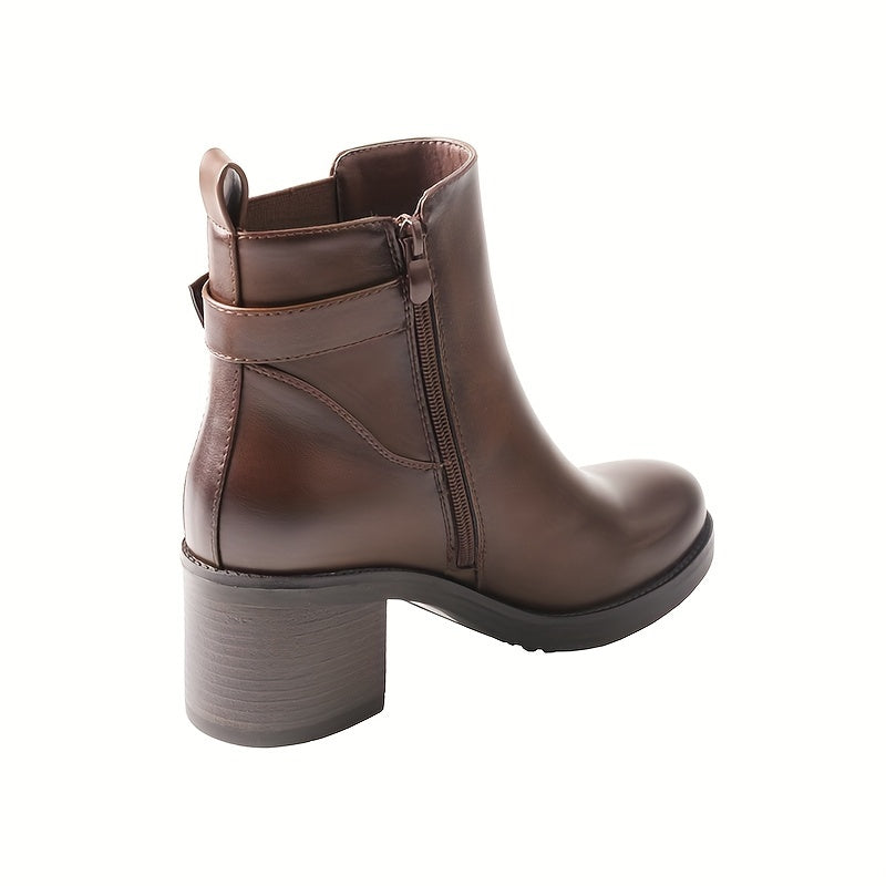 Women'S Classic Round Toe Ankle Boots, Solid Color Microfiber Upper, Fabric Lining, TPR Sole, Fabric Insole, with Side Zipper and Buckle Detail, for Casual Chic Short Boots with Thick Heel