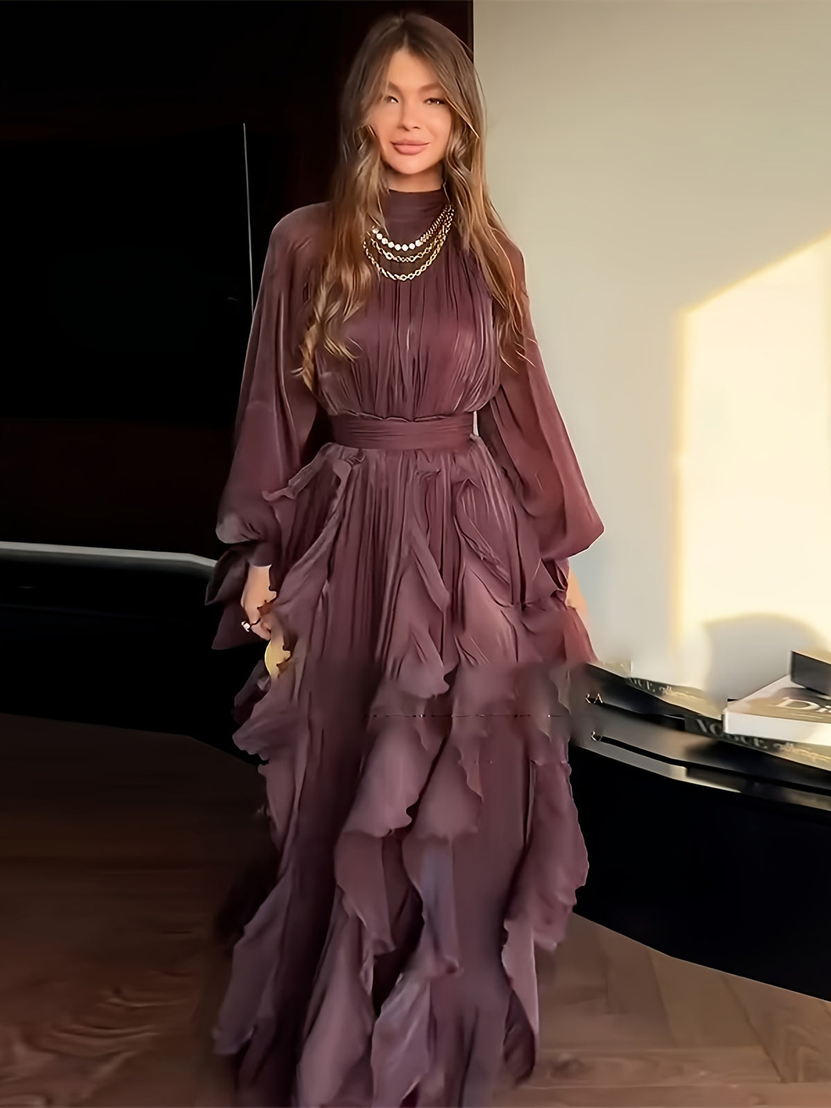Beige Ruffle Maxi Dress | High Neck Sash Design Architectural Tailoring Multi-Layer Cascading Hem Wedding Banquet Elegant Gown