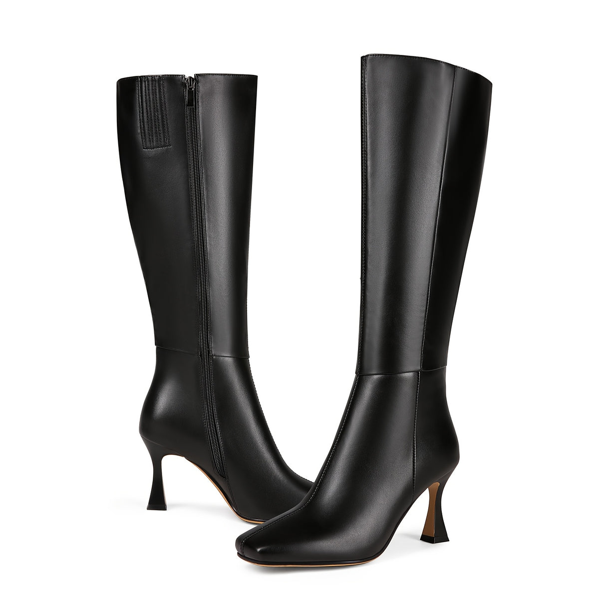 Chic Black Square-Toe Knee-High Boots with Flared Heel for Women - Faux Cover, Rubber Sole, Mesh Lining, Zip Closure