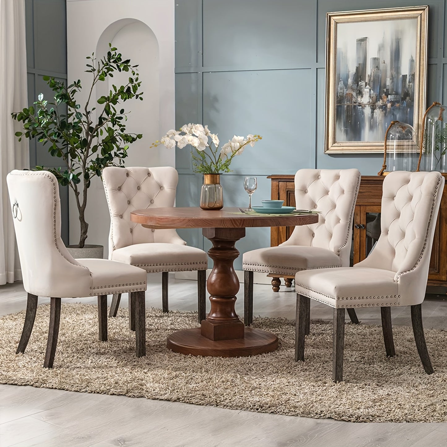 Set of 4 Upholstered Dining Chairs, Velvet Chairs with Button Tufting And Sturdy Wooden Legs, Contemporary Fabric Side Chairs for Dining Areas, Kitchens, Restaurants, And Hotels