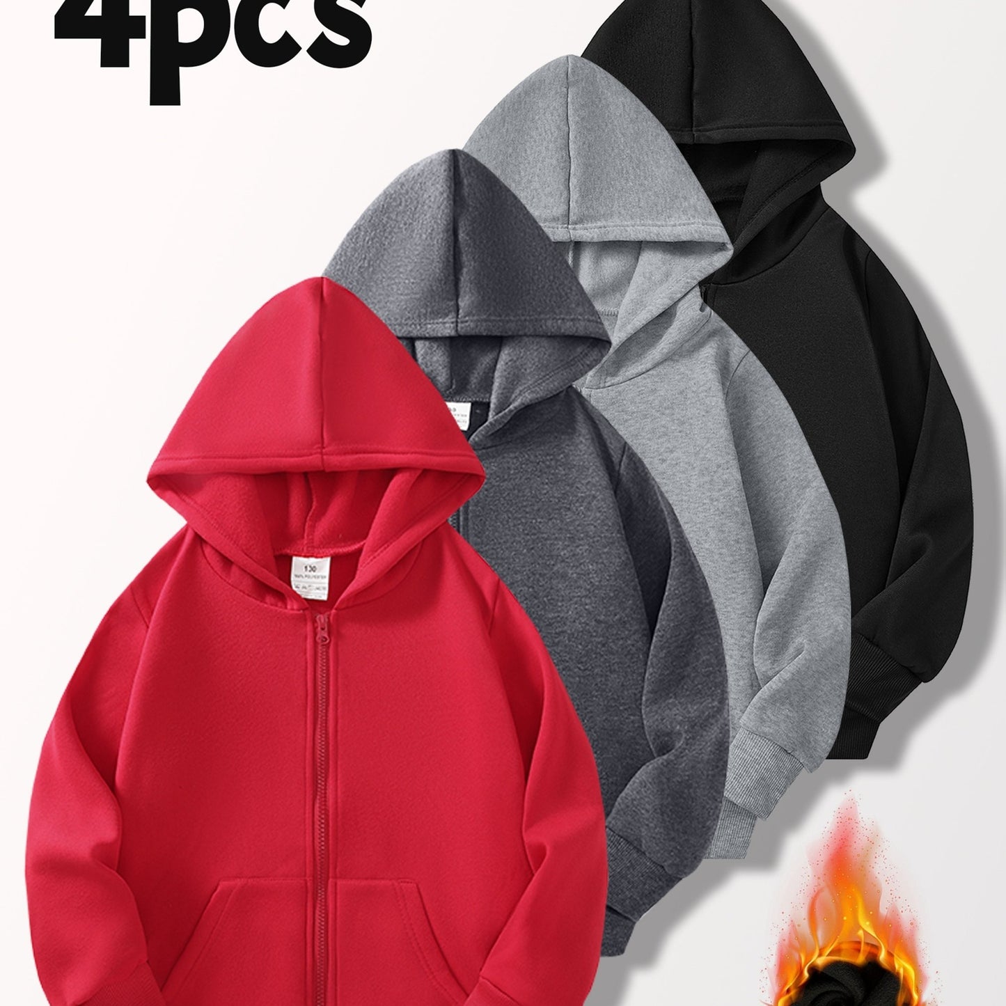 [4pcs Boys' Cardigan Jackets] 4pcs Boys' Light-Lined Zip-Up Hooded Cardigan Jackets | Multi-Color & Solid Color | Autumn & Spring, Stylish & Versatile for Outdoor Jogging