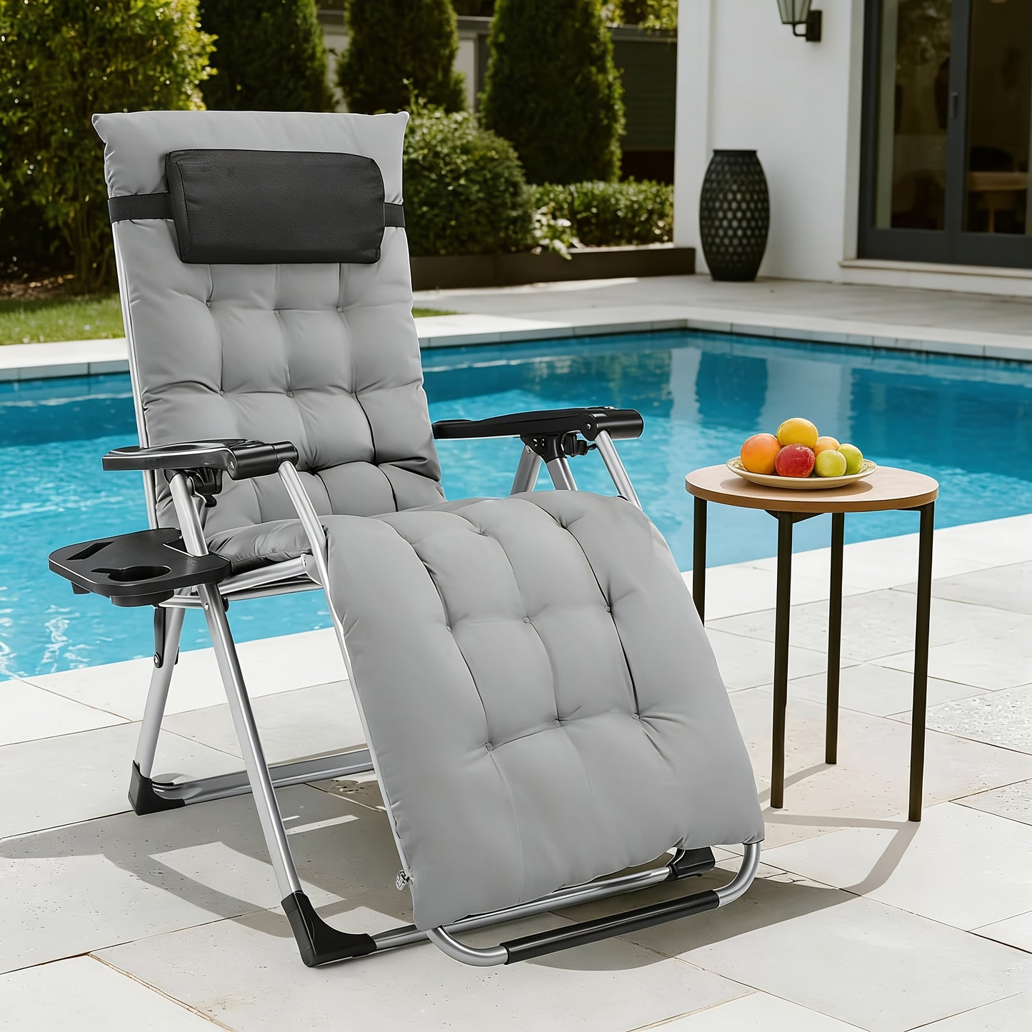 Zero Gravity Recliner with Foldable Headrests | Recliner with Cup Holder Tray and Detachable Cushion, Indoor/Outdoor Use, Black/Gray - EDX Brand