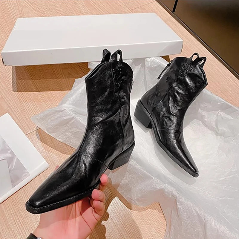 Women'S Vintage Western Boots - Slip-On Chunky mid-heel, Genuine Leather Upper & Non-Slip Rubber Sole, Easy Zipper Closure, Elegant Brown/Black Booties for Fall/Winter, Everyday & Formal Outfits, Winter Footwear, Pointed Toe