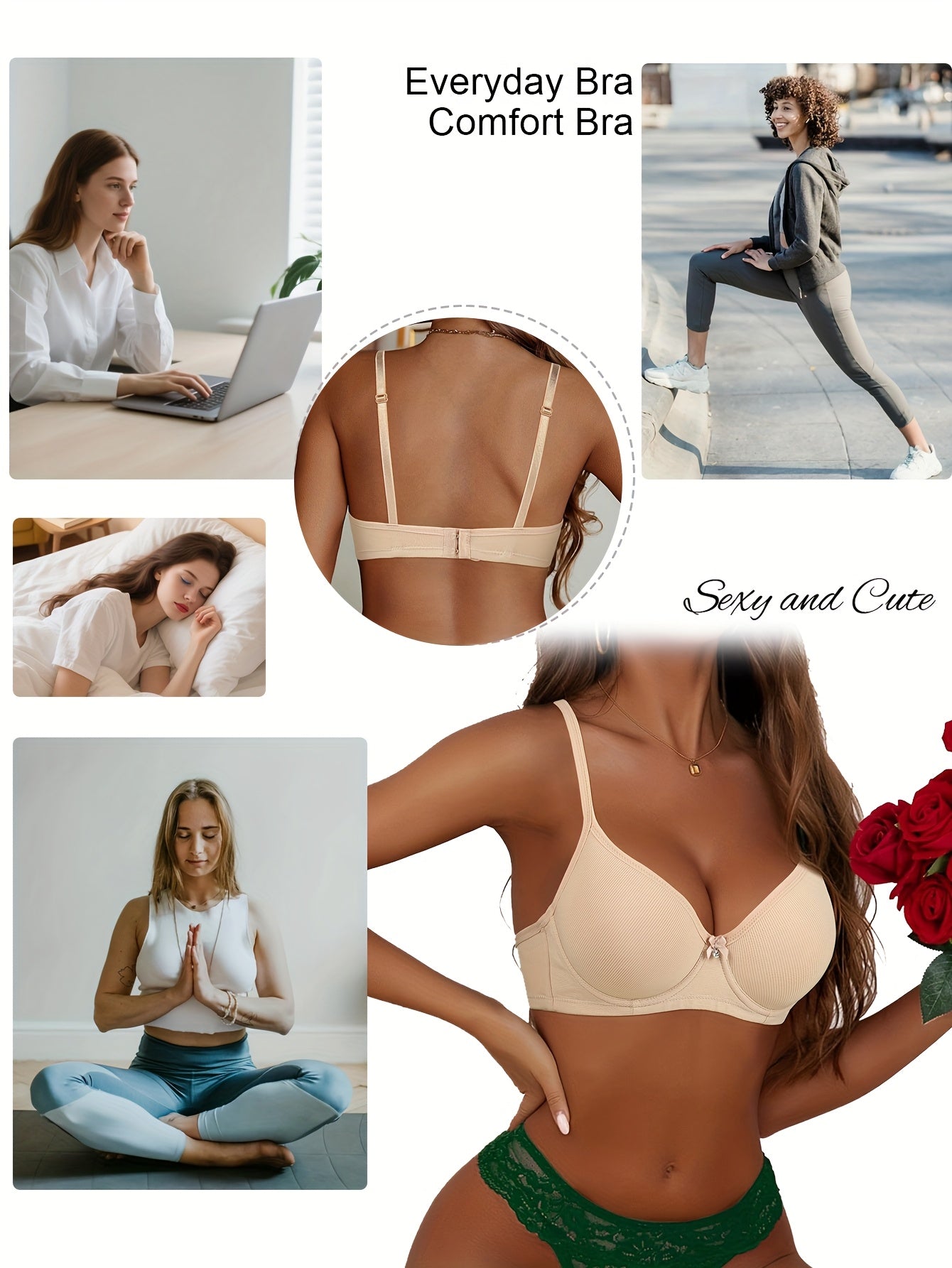 5pcs Women's Autumn/winter Smooth Seamless Push-up Bra, Makes Small Breasts Appear Larger/ Prevents Sagging In Medium Breasts, Adjustable Thin Shoulder Straps, Comfortable Soft Underwire Bra for Daily Commutes (5 Colors, One-